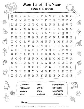 Months Of The Year Word Search Planerium