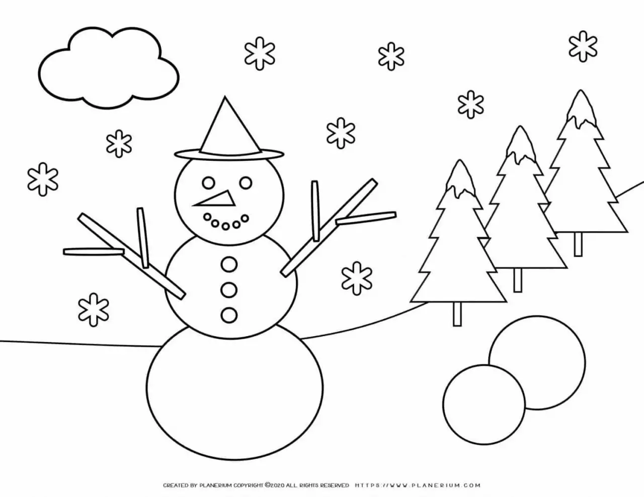 Winter Coloring Page - Smiling Snowman | Planerium