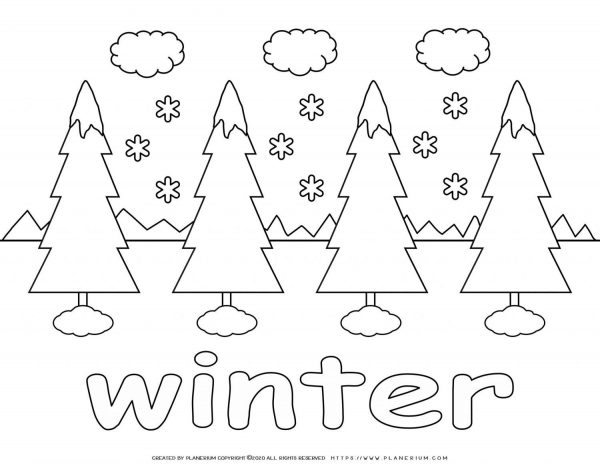 winter coloring pages  four trees in winter snow  planerium