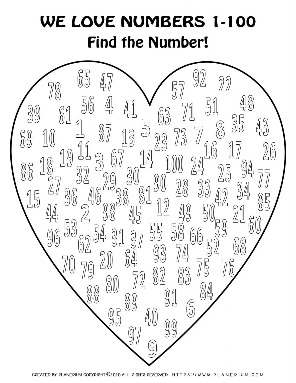 Valentines Day Coloring Page - Hearts Numbers 1 to 100