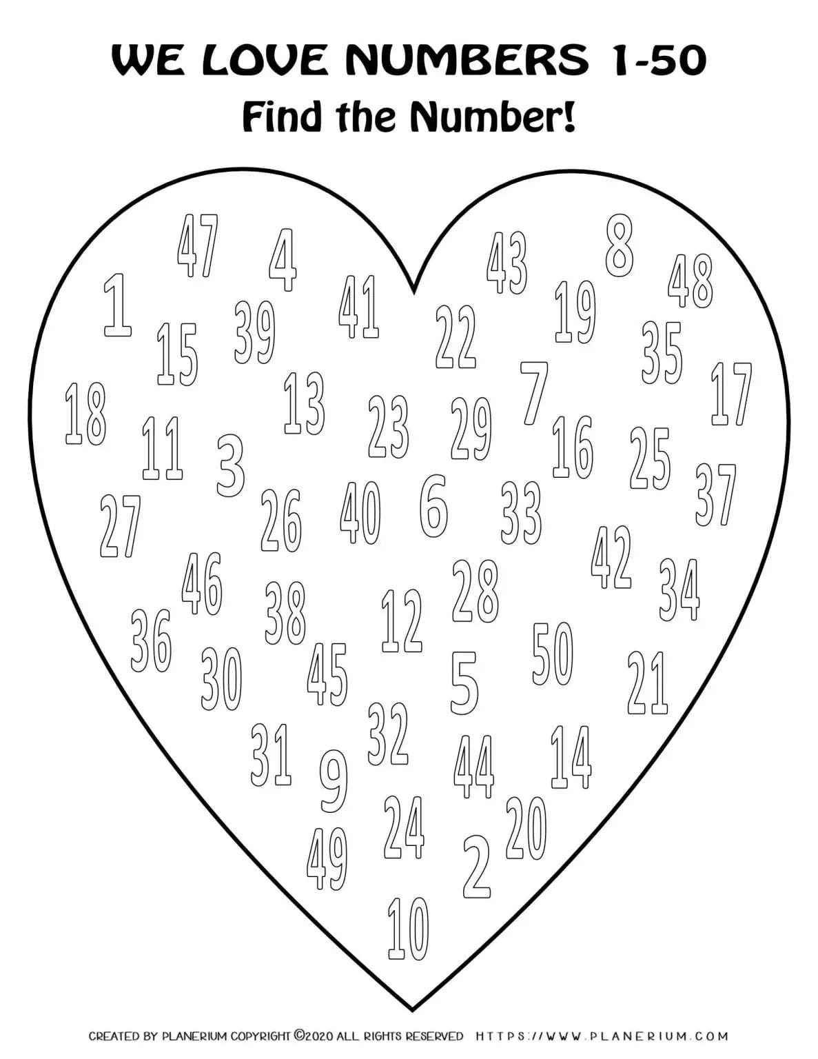 Valentines Day Coloring Page - Hearts Numbers 1 to 50