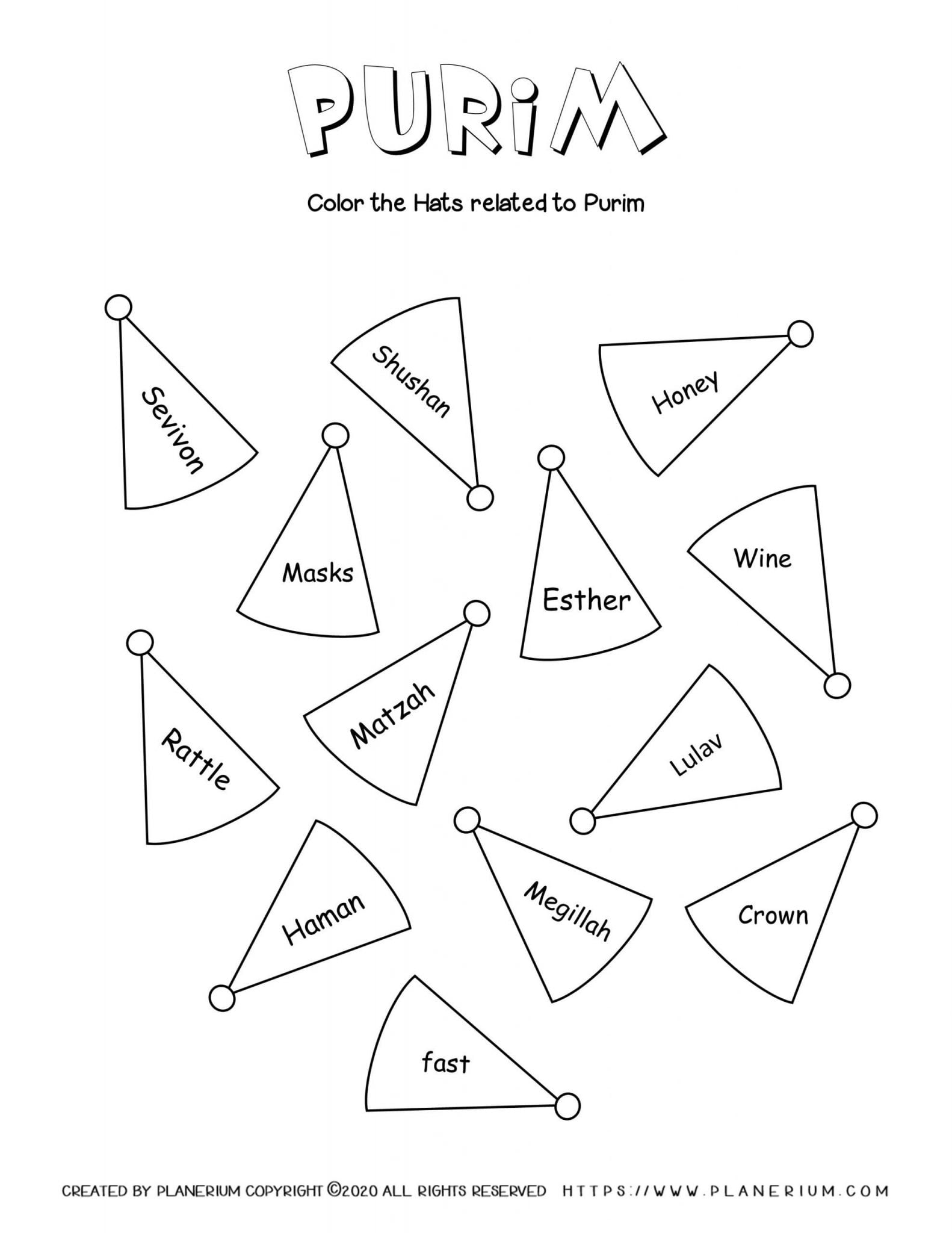 Purim Worksheet - Hats with Holiday Related Words | Planerium