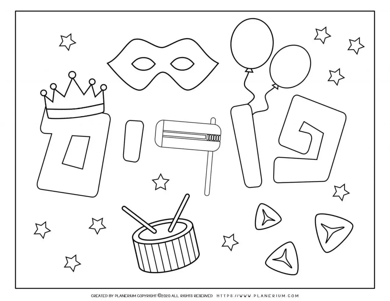 Purim 2020 - Coloring - Holiday Symbols and stars