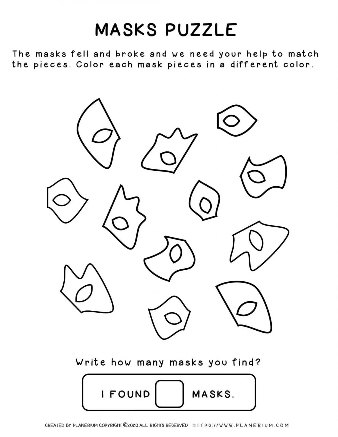 Carnival - Coloring Pages Worksheets - Masks Puzzle | Planerium