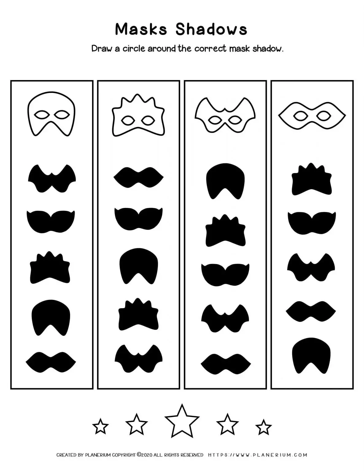 Carnival - Coloring Page Worksheet - Masks Shadows | Planerium