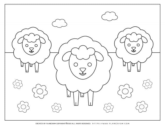 Easter - Coloring Page - Three Lambs In A Flower Field 