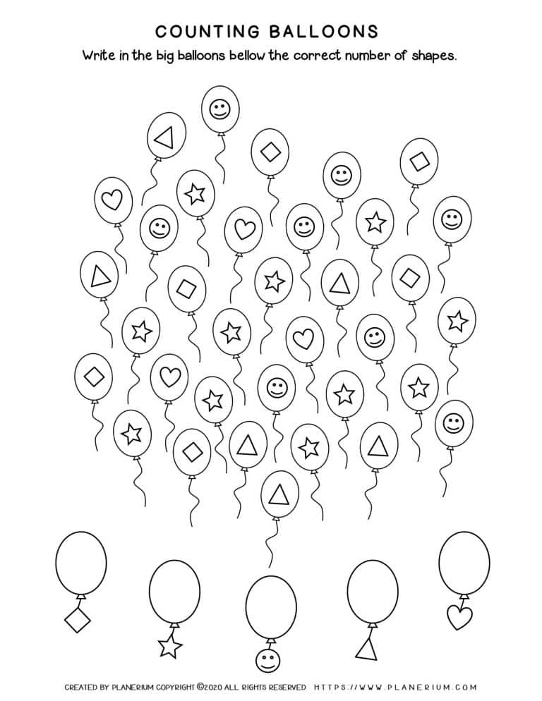 Math Worksheet for 1st grade - Sort and Count Balloons | Planerium