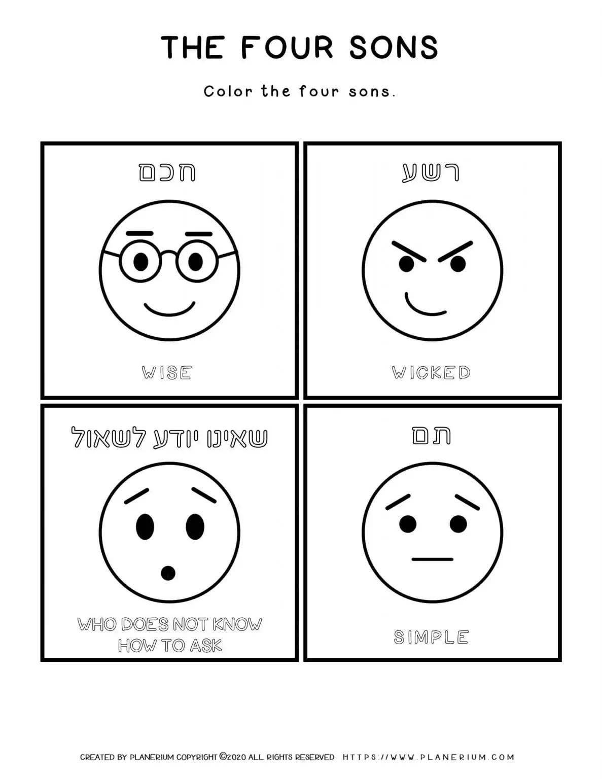 Passover coloring page - Four sons - English and Hebrew titles