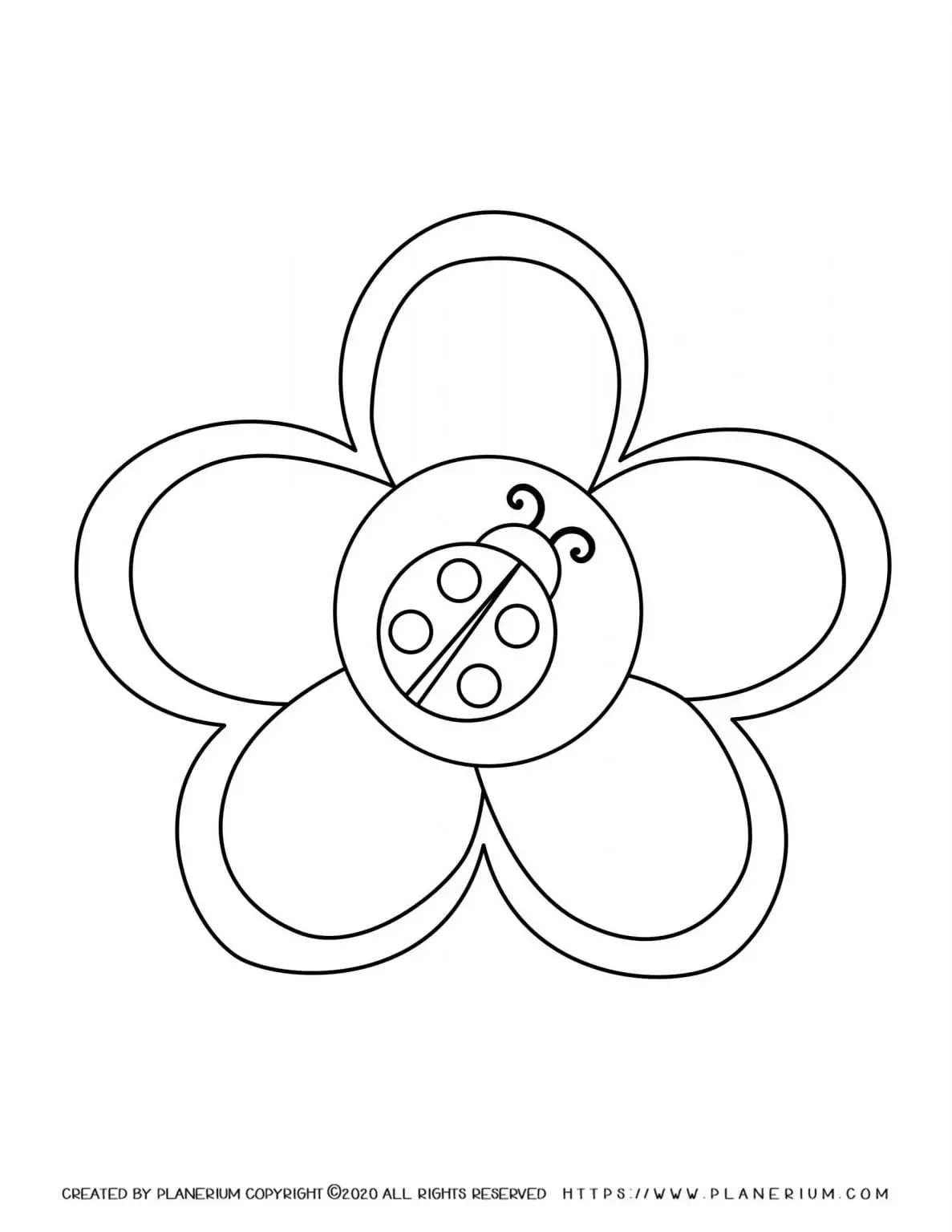 Printable spring ladybug on flower coloring page for children