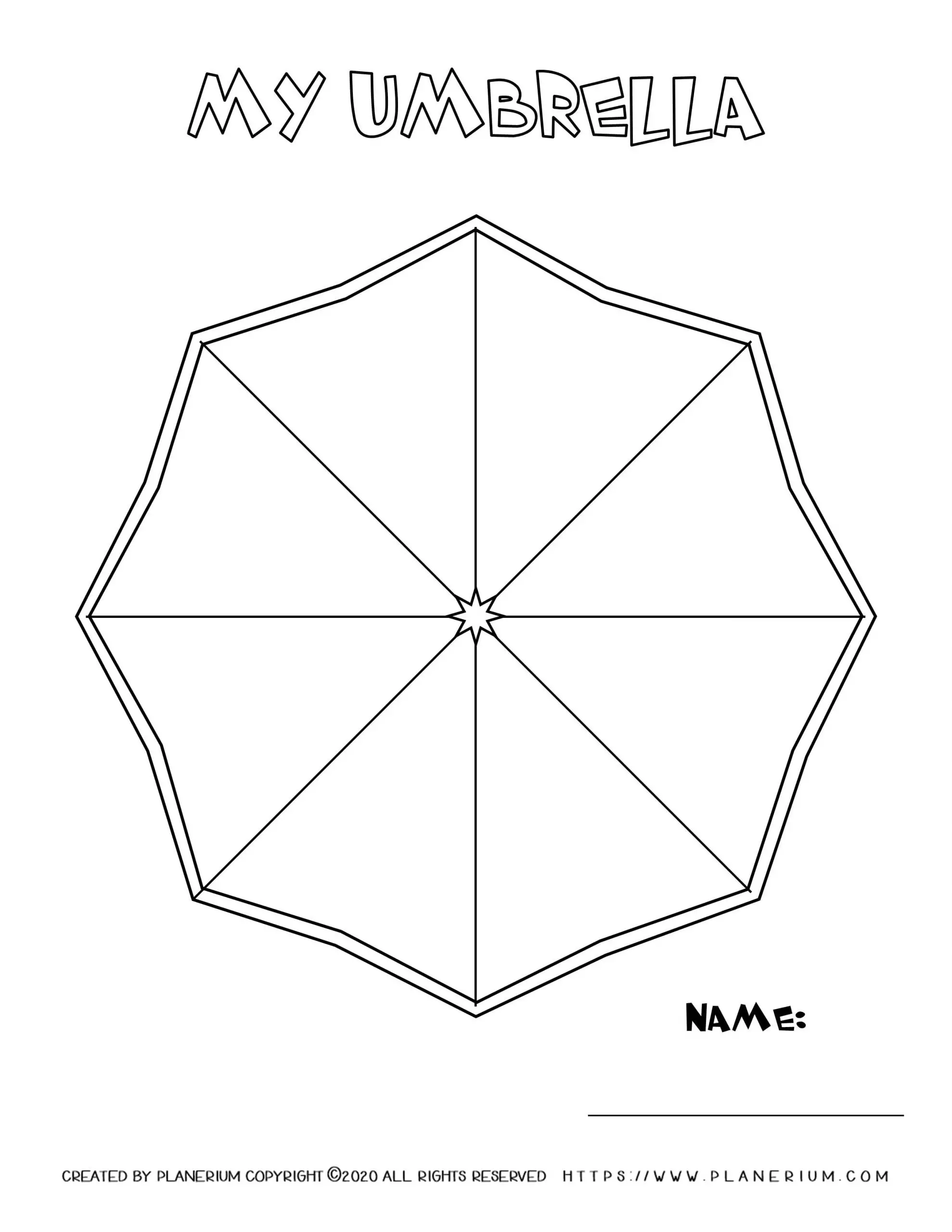 Spring coloring page - Octagon shaped umbrella with title and name