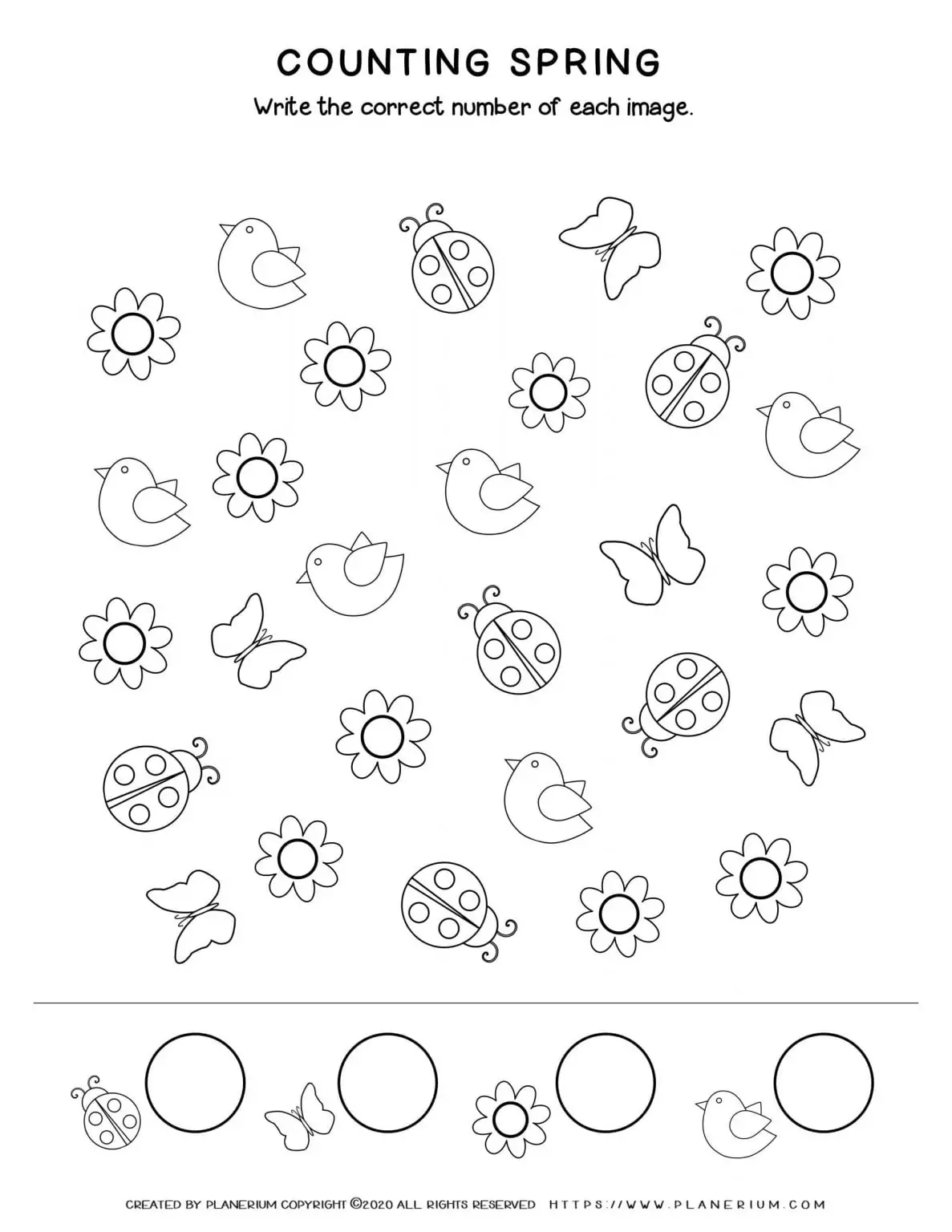 Spring coloring worksheet - Counting and sorting spring items