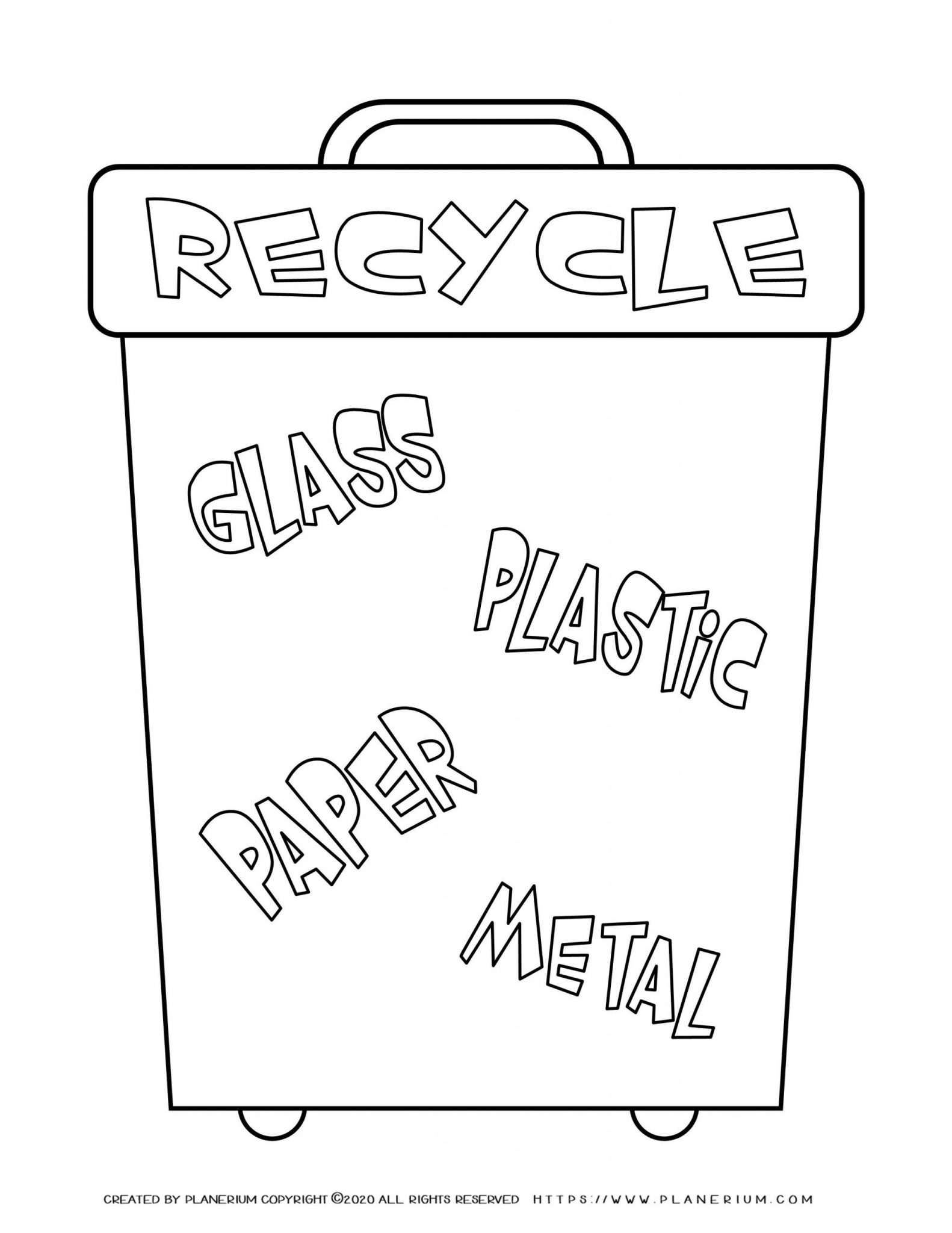 Earth Day - Coloring Page - Recycle bin Words | Planerium