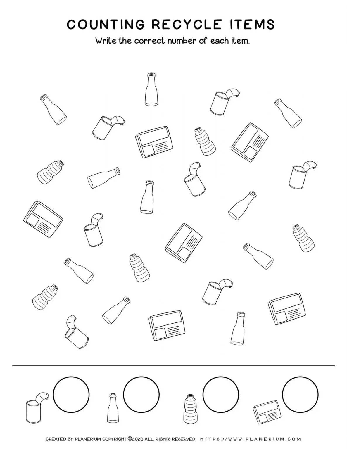 Earth Day Worksheet - Counting Recycling Items for Kids