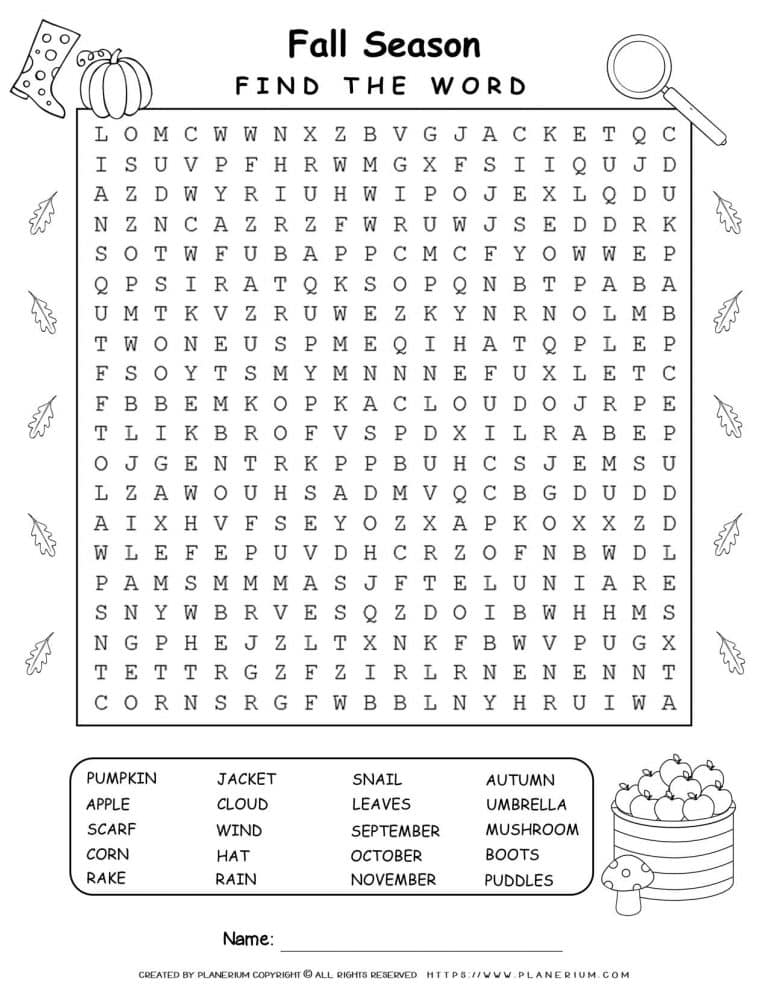 fall word search puzzle twenty words free printable planerium