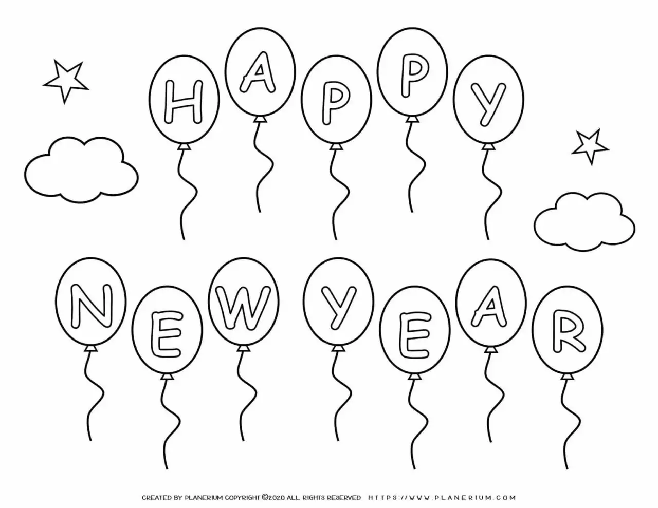 New Year Coloring Pages - Happy New Year Balloons | Planerium