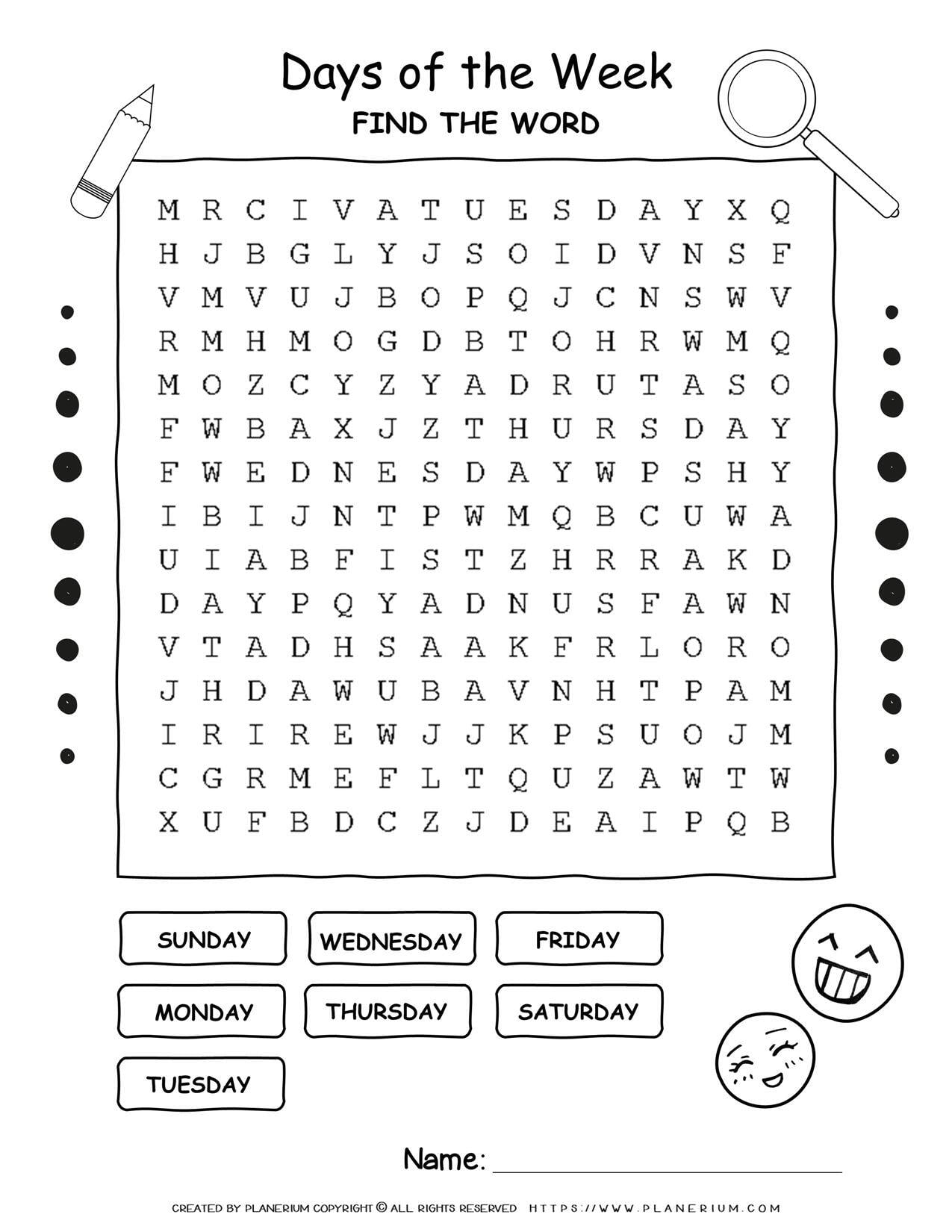 Word Search Puzzle Days Of The Week