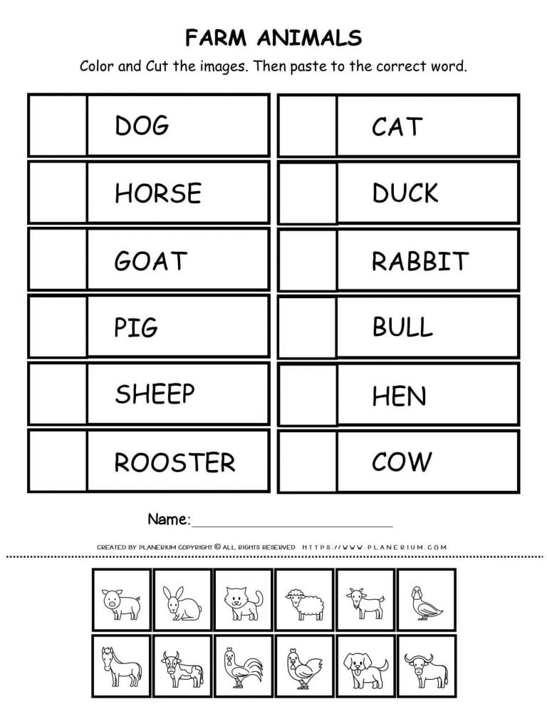 Matching Word To Picture - Farm Animals | Planerium