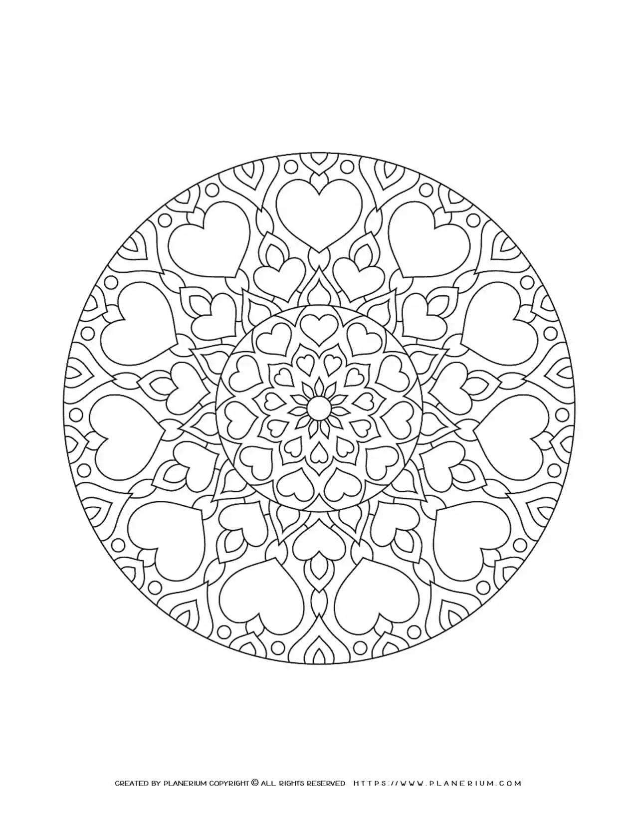 Valentines Day - Coloring Page - Hearts Mandala Closed Circle | Planerium
