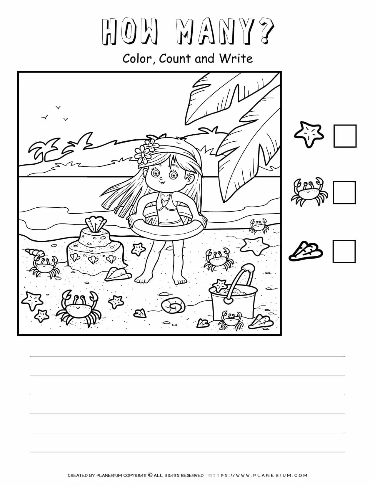 How Many Worksheet - A Girl In The Beach | Planerium