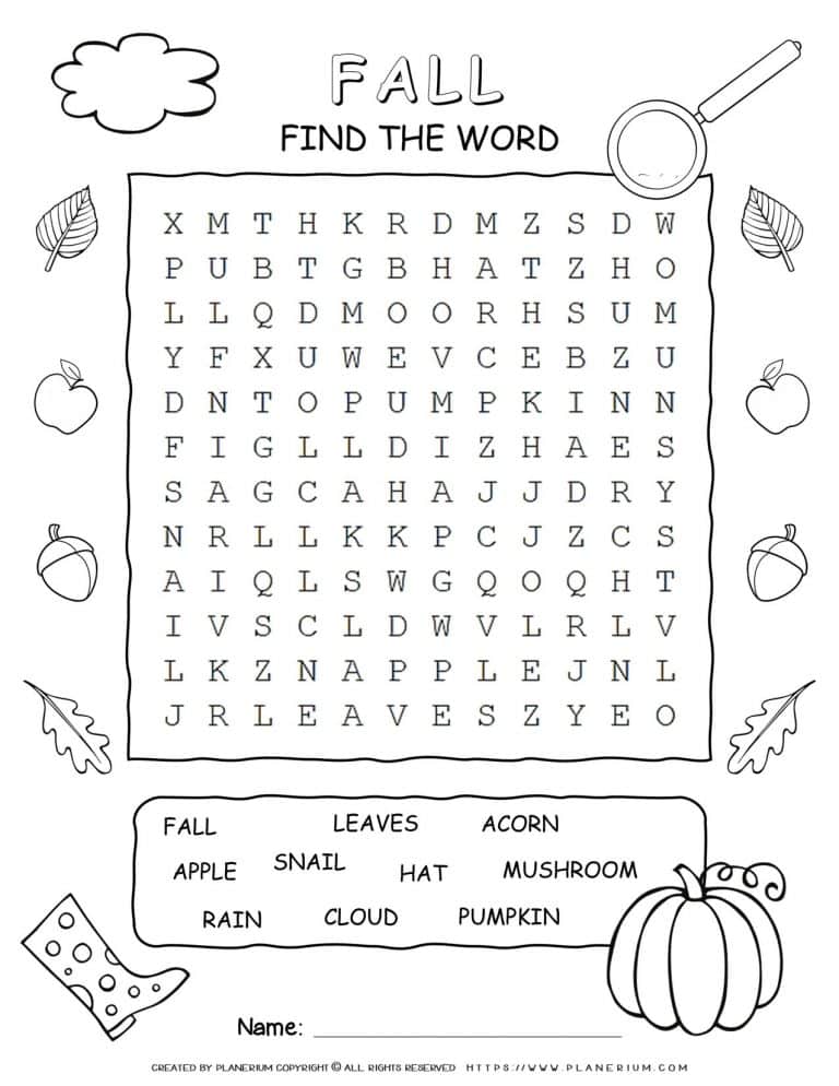 Word Search For Fall with Ten Words | Planerium