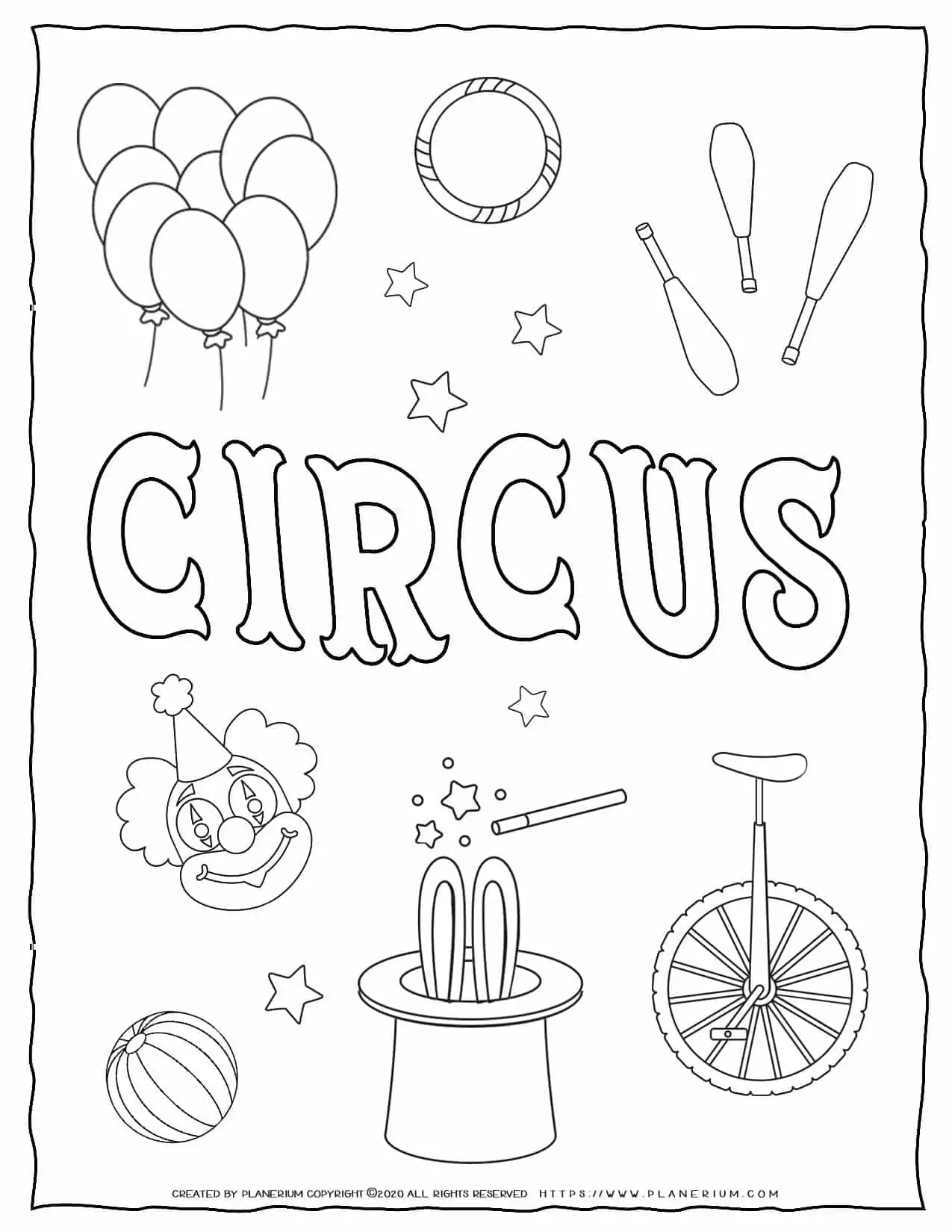 Circus Coloring Page - Circus Title and Objects | Planerium
