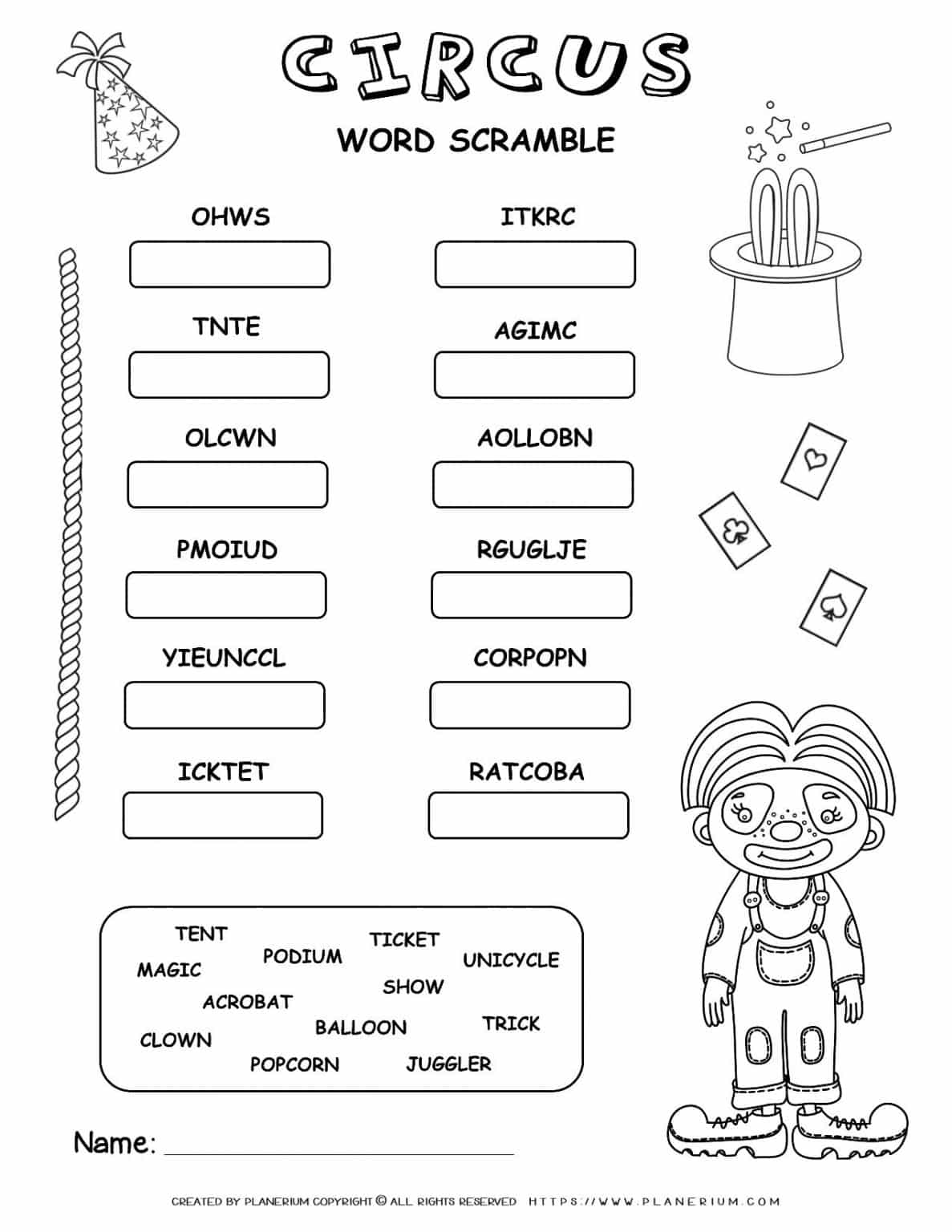 Circus Worksheet Word Scramble Planerium