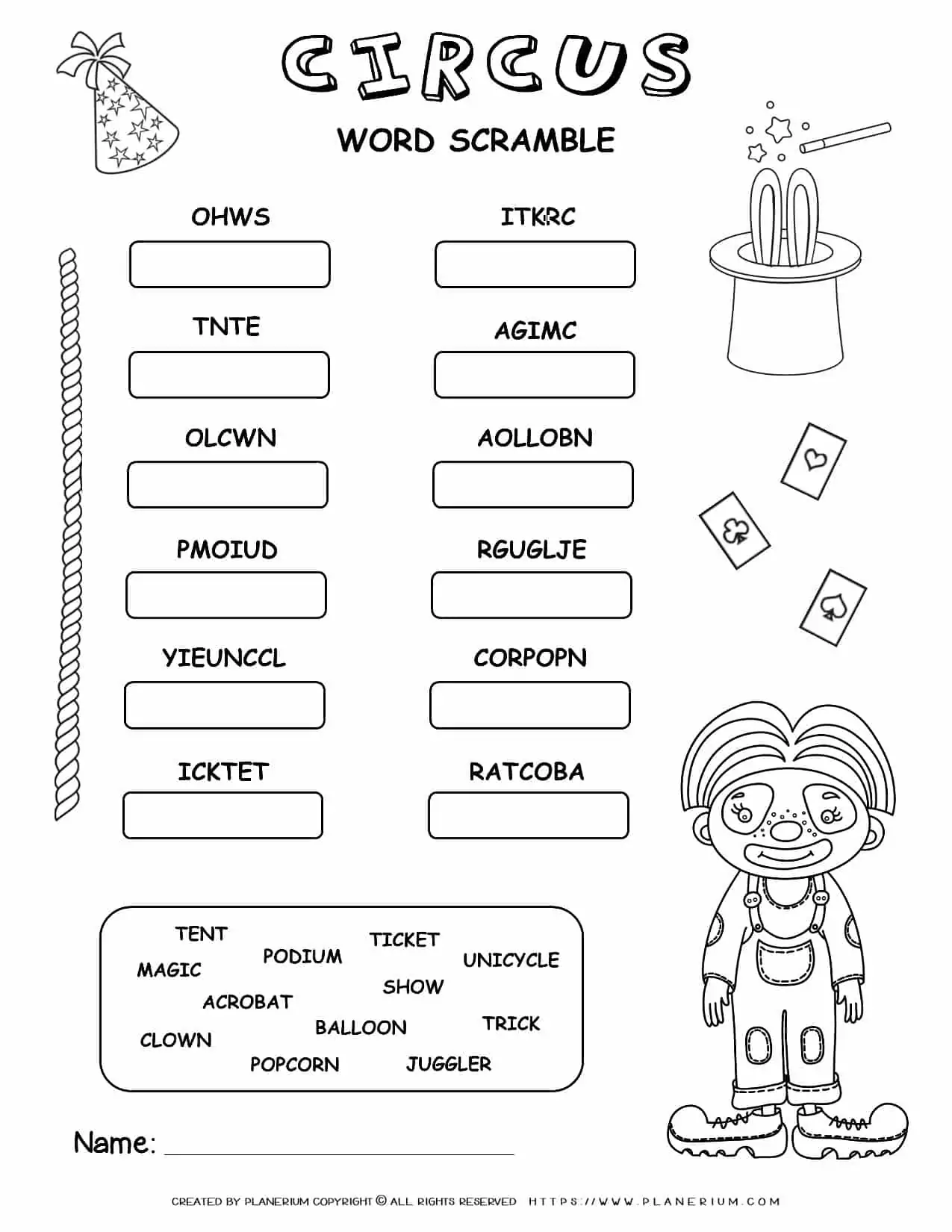 Circus Worksheet - Word Scramble | Planerium