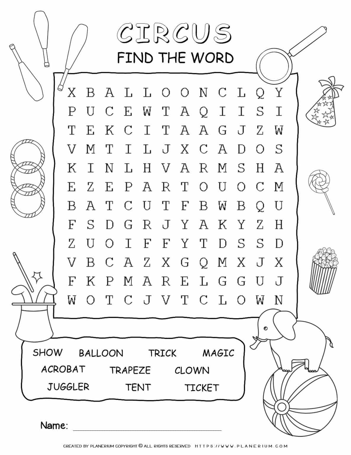 Circus Game - Word Search With Ten Words 