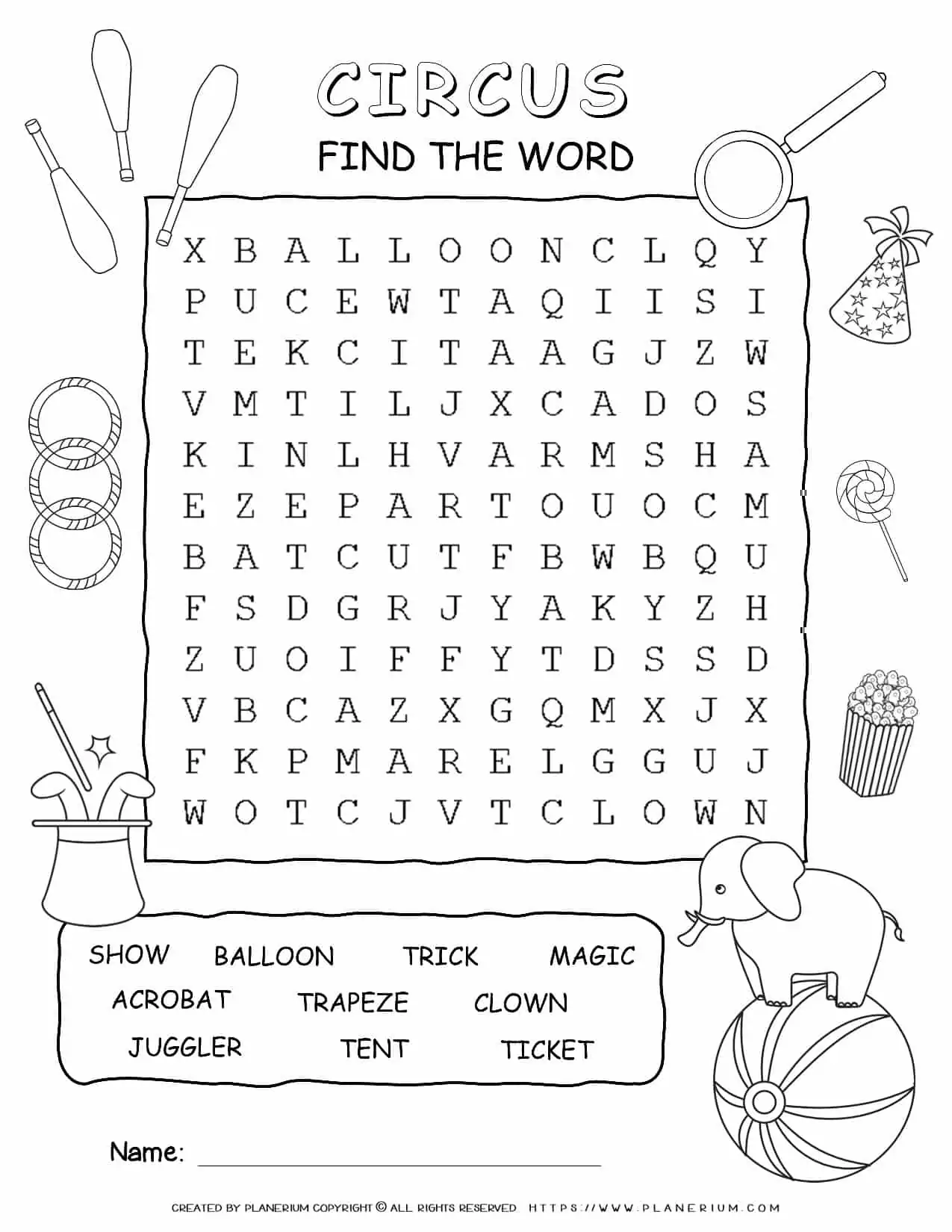 Circus Worksheet - Word Search with Ten Words | Planerium