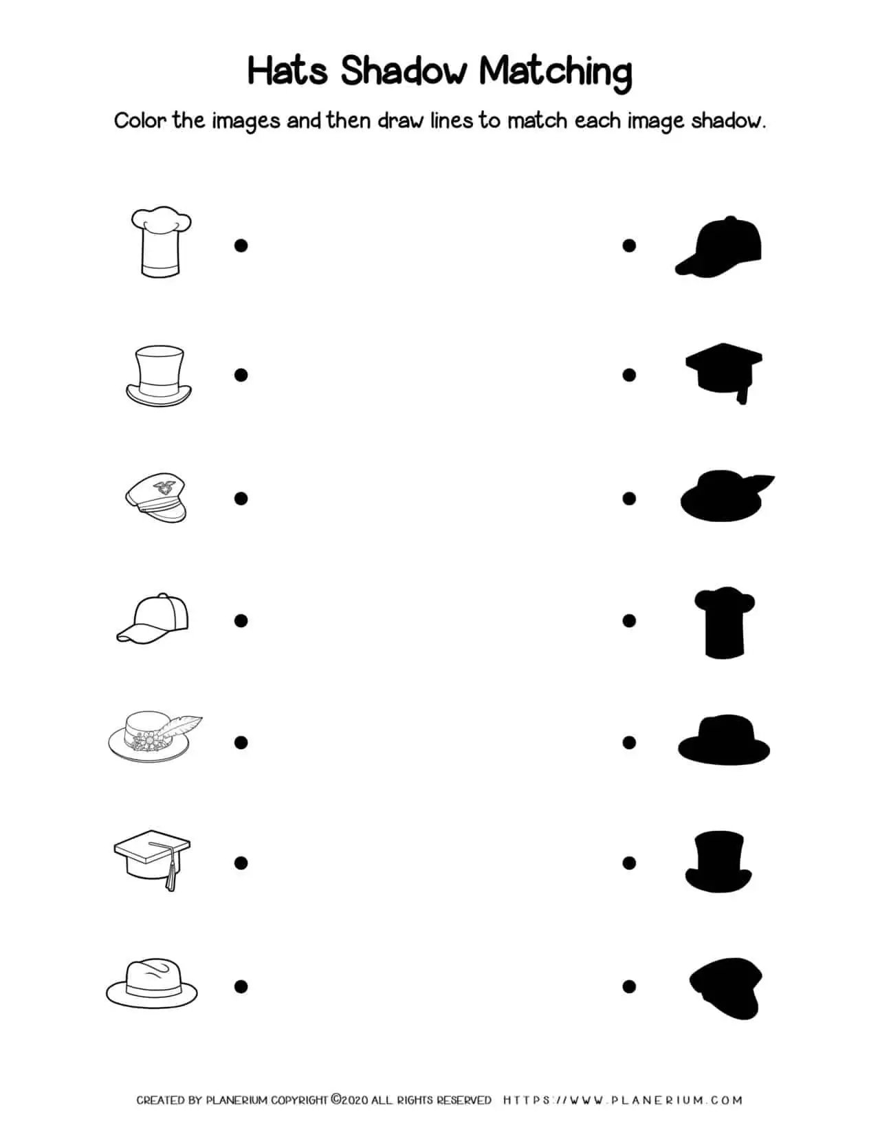 Clothes Worksheet - Hats Shadow Matching | Planerium