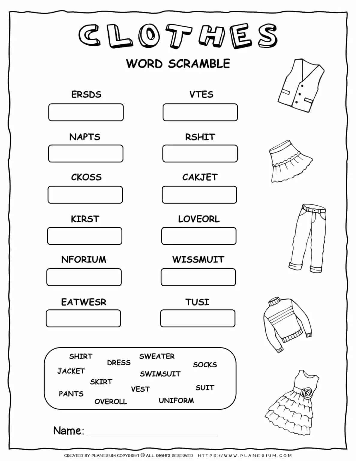 Clothes Worksheet - Scramble Words | Planerium