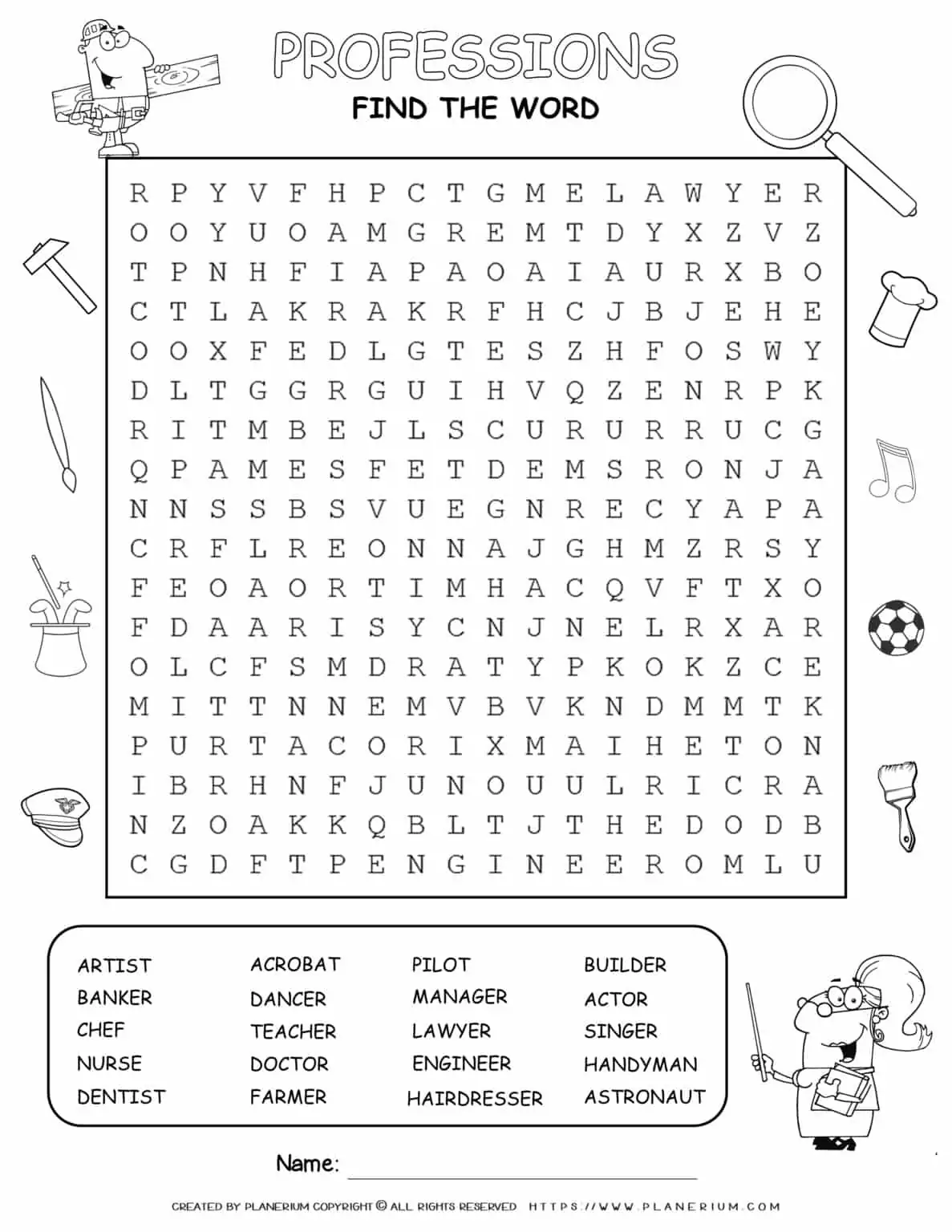 Professions Word Search Twenty Words | Planerium