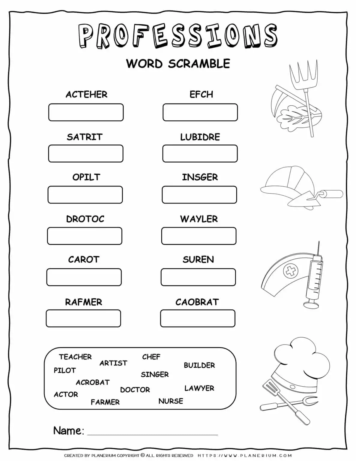 Professions Worksheet - Scramble Words | Planerium