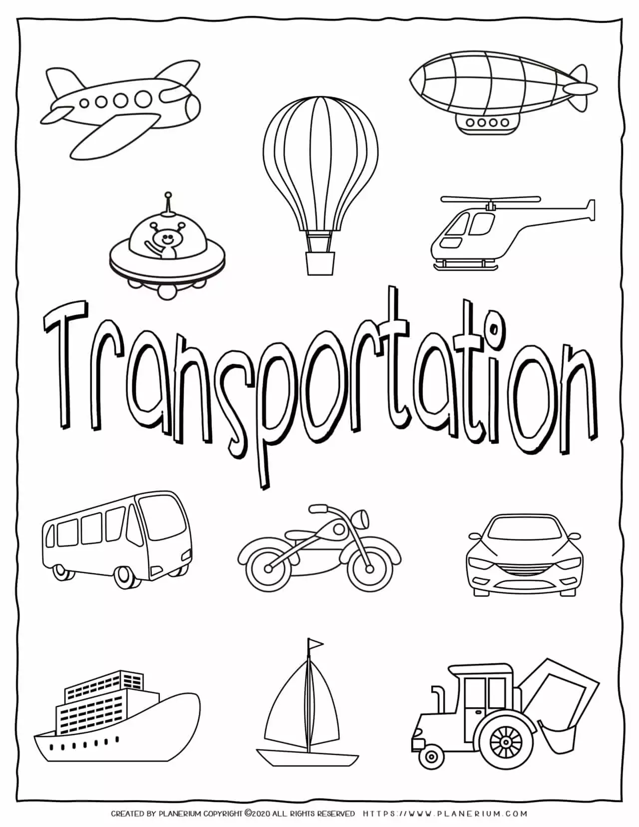 Transportation Coloring Page - Title with Objects | Planerium