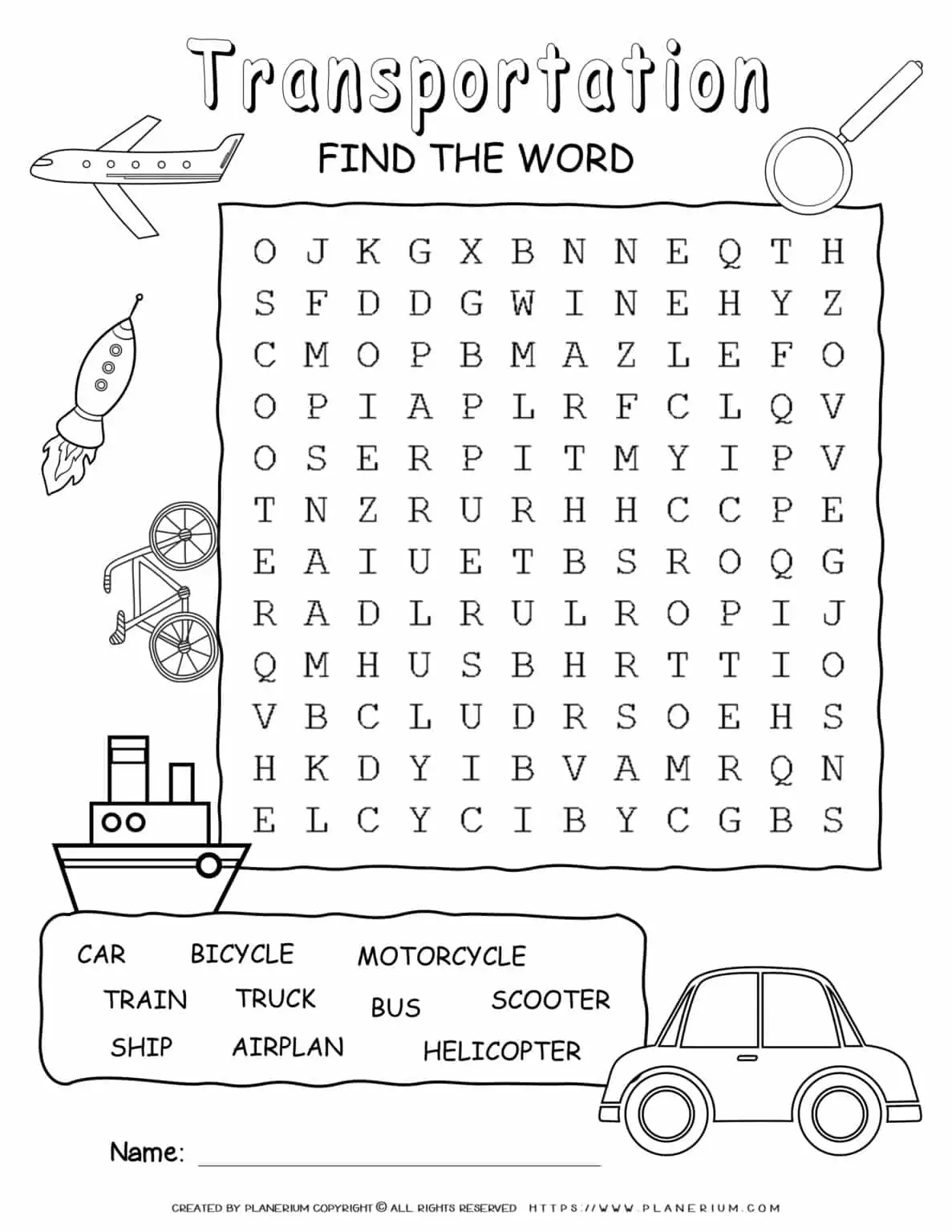 Transportation Word Search - Ten Words | Planerium