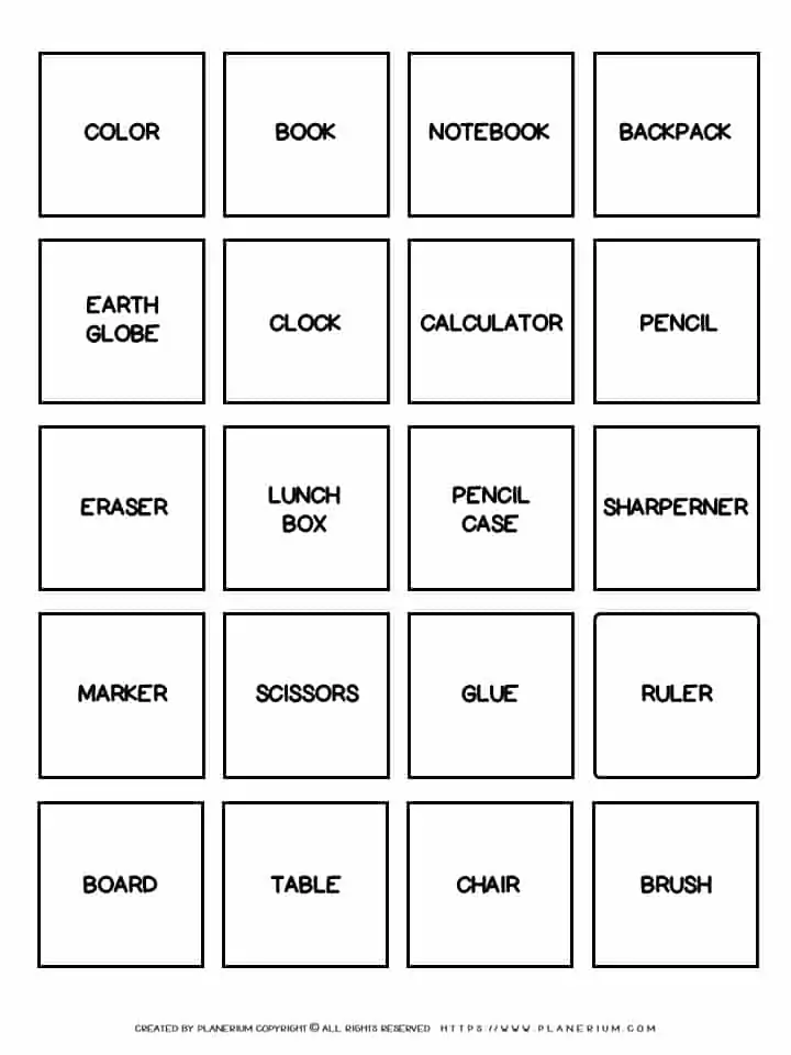 Back To School Worksheet - Twenty Names Accessories | Planerium