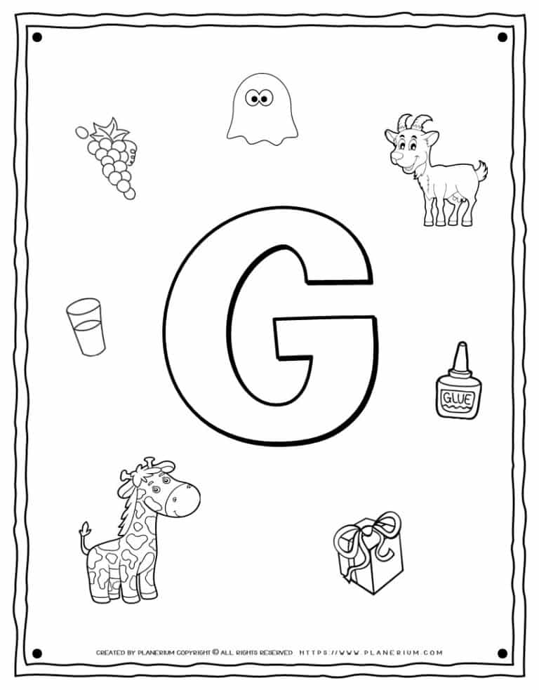 English Alphabet - Things Starting With G - Coloring Page | Planerium