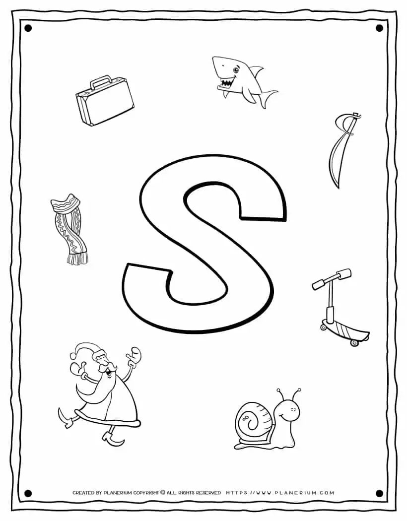 English Alphabet - Things Starting With S - Coloring Page | Planerium
