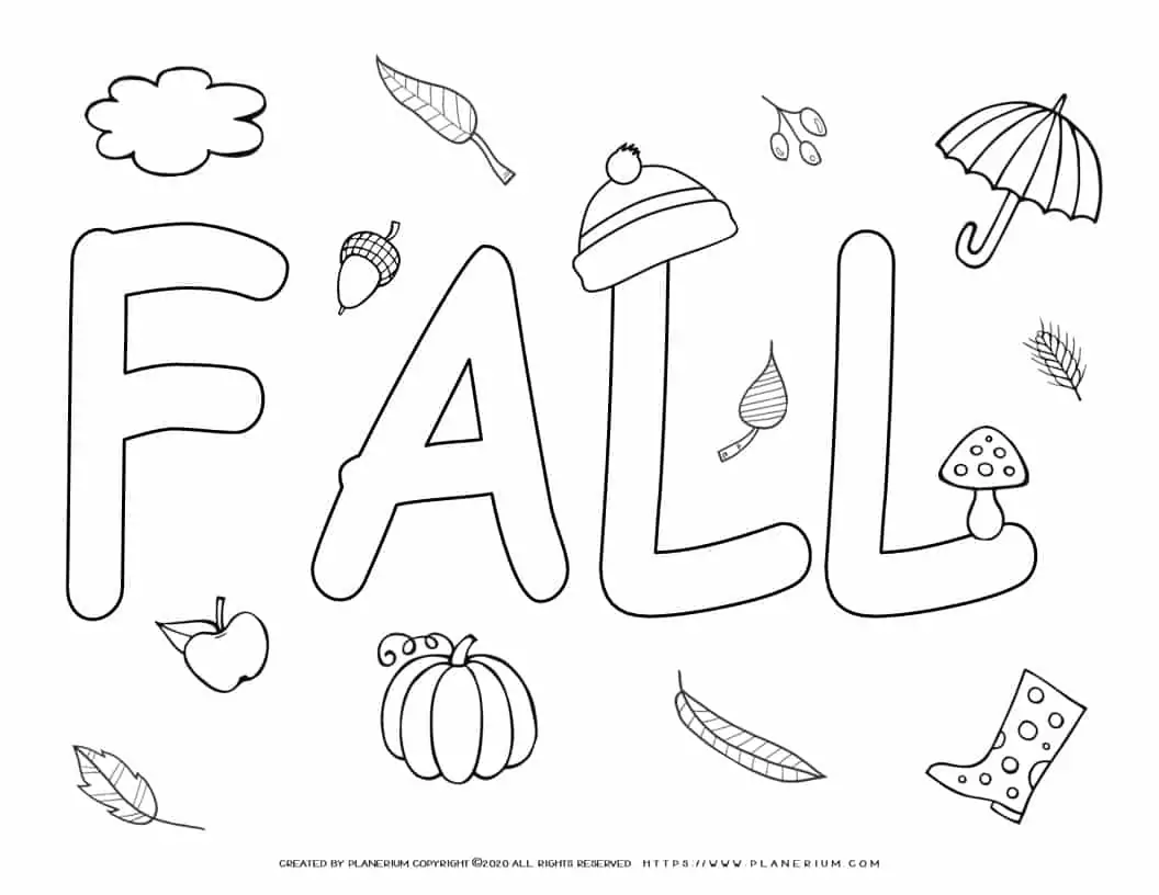 Fall Coloring Page - Big Title with Objects | Planerium