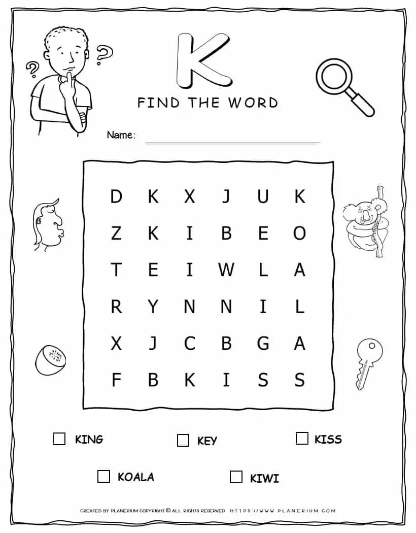 Word Search Puzzle - 5 Words Starting with Letter K