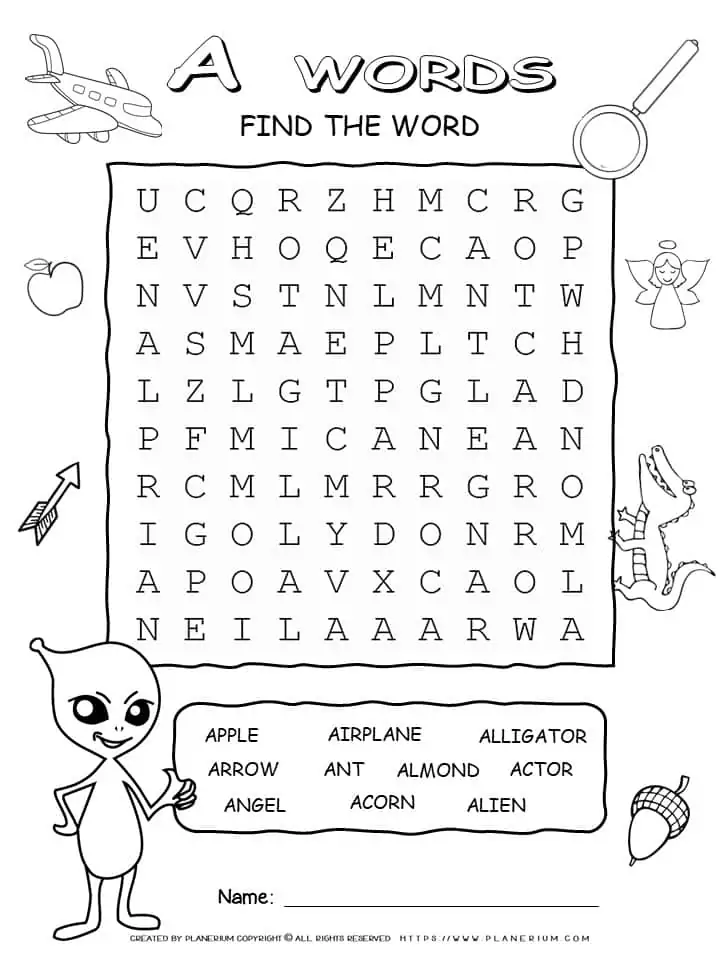 A-Letter Words Wordsearch Puzzle with Ten Words - Free Printable