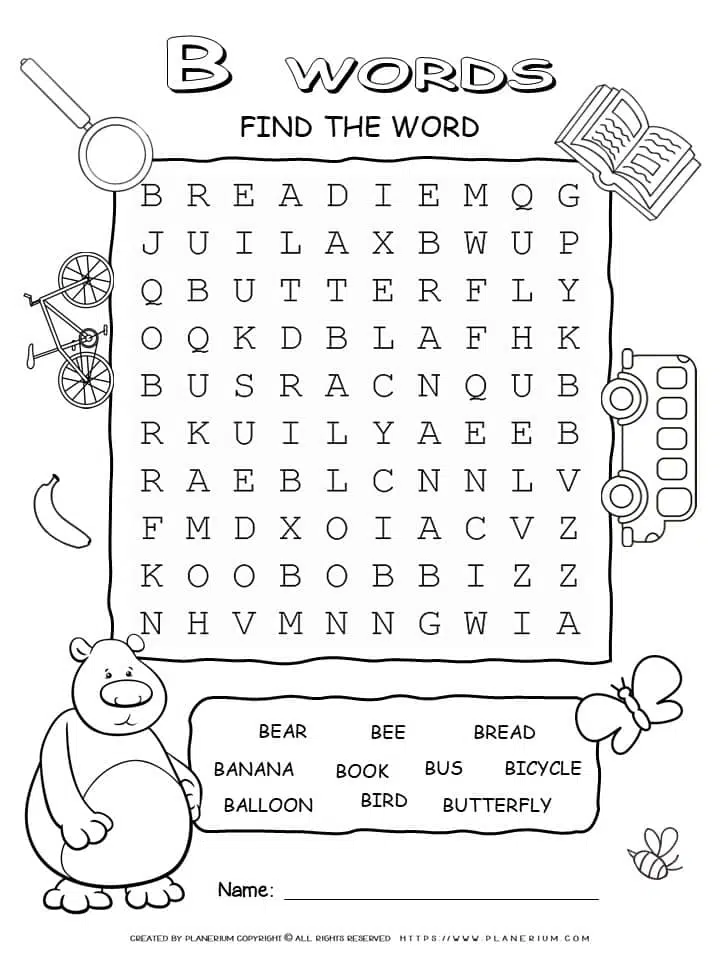 Word Search - Words That Start with B - Five Words