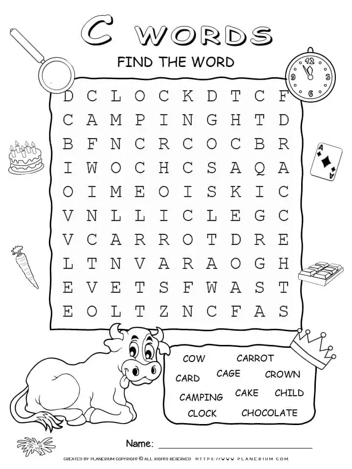 C-Letter Words Wordsearch Puzzle with Ten Words - Free Printable