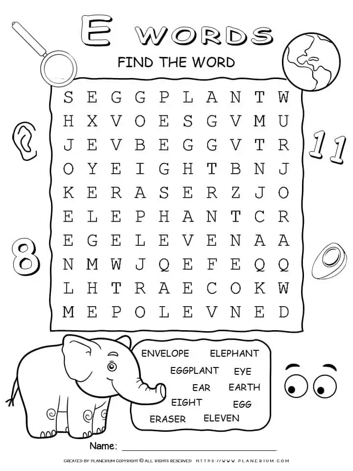 Word Search - Words That Start With E - Ten Words Puzzle | Planerium
