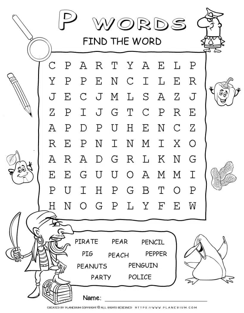 Word Search Puzzle - Words That Start With P - Ten Words