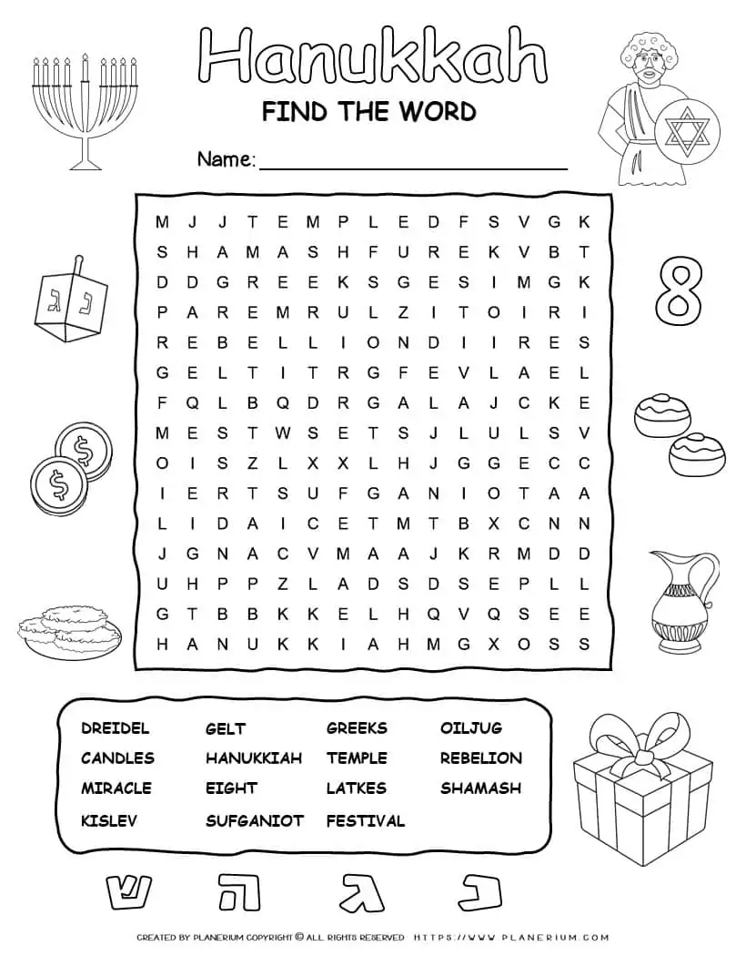 Printable Hanukkah word search with fifteen words for kids