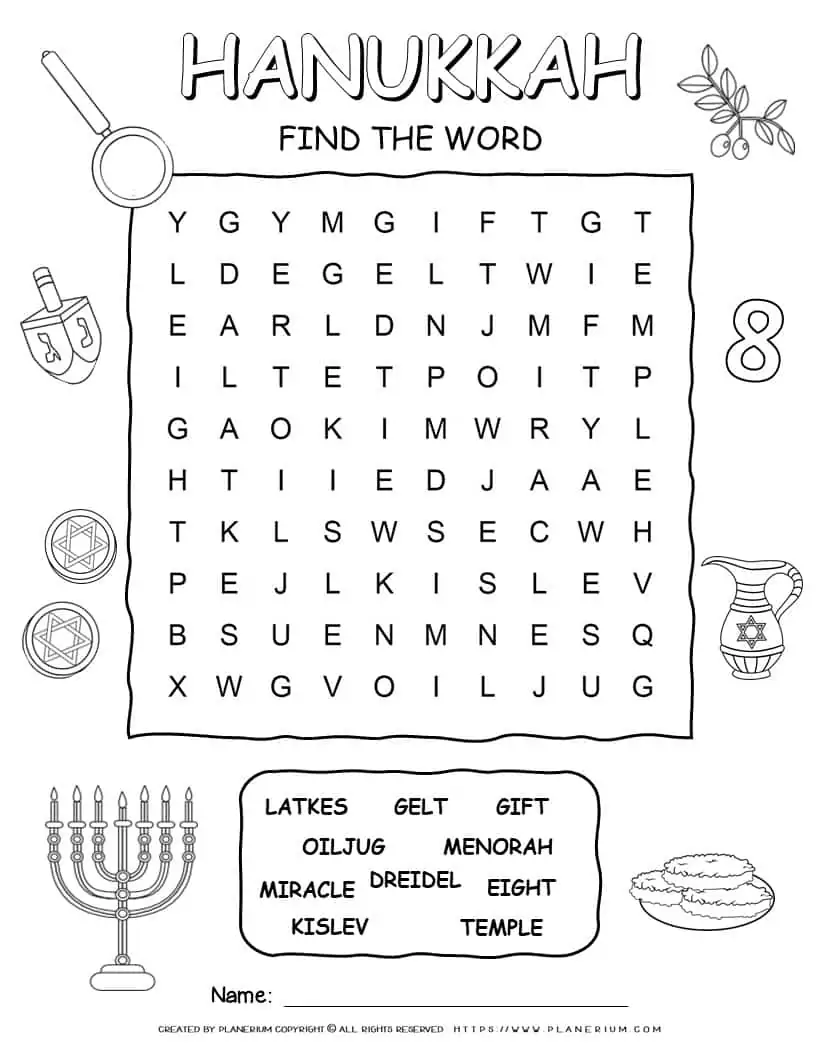 Printable Hanukkah word search with ten words for kids