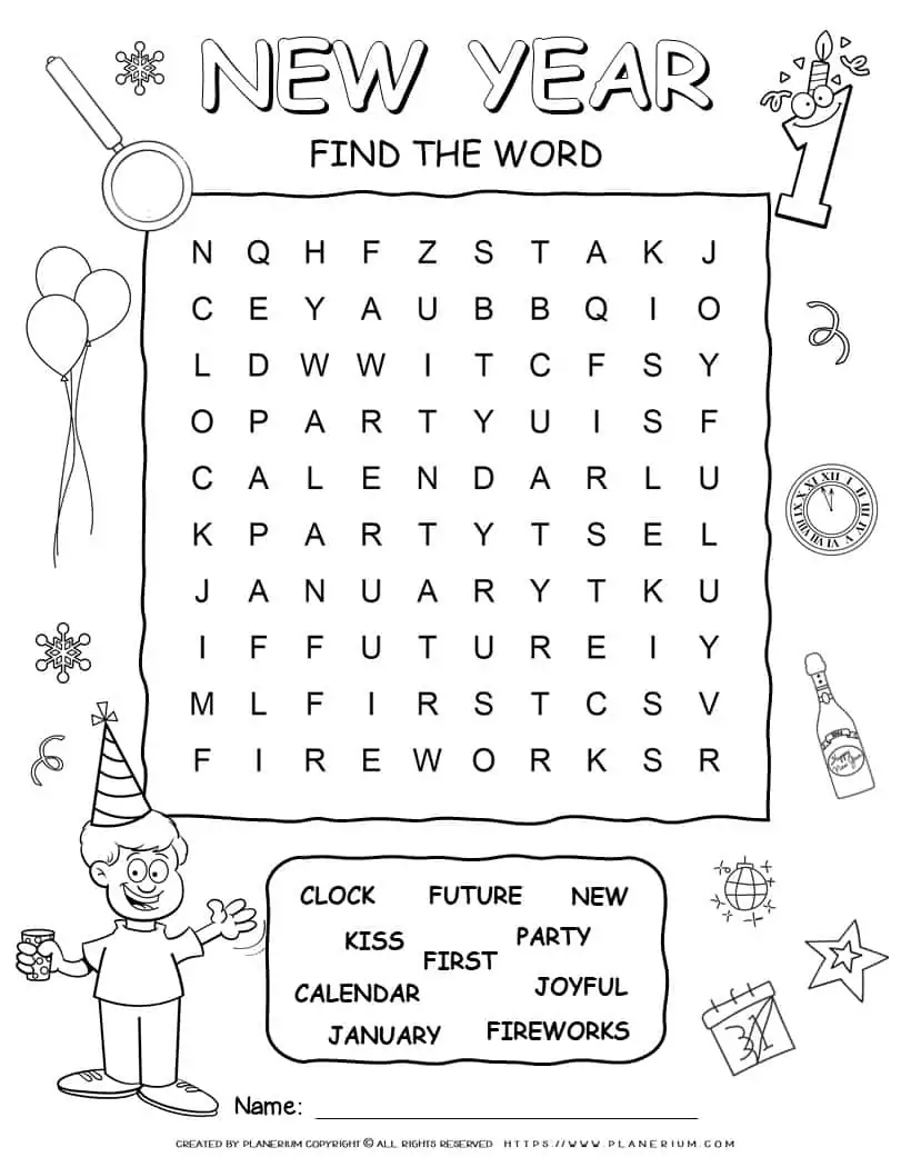 Printable New Year word search with ten words for kids