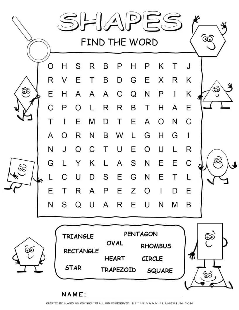 Printable shapes word search with ten words for kids