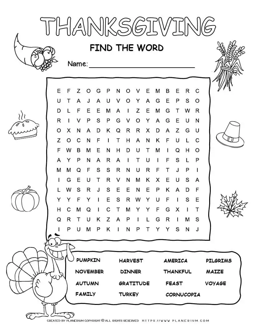 Printable Thanksgiving word search with fifteen words for kids